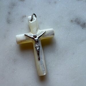 Vintage religious charm Cream Cross Pendant with Silver Jesus